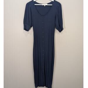 Joie Valletta Sheath Dress Navy Buttons Puff Sleeve Midi Easy Classic - Size S